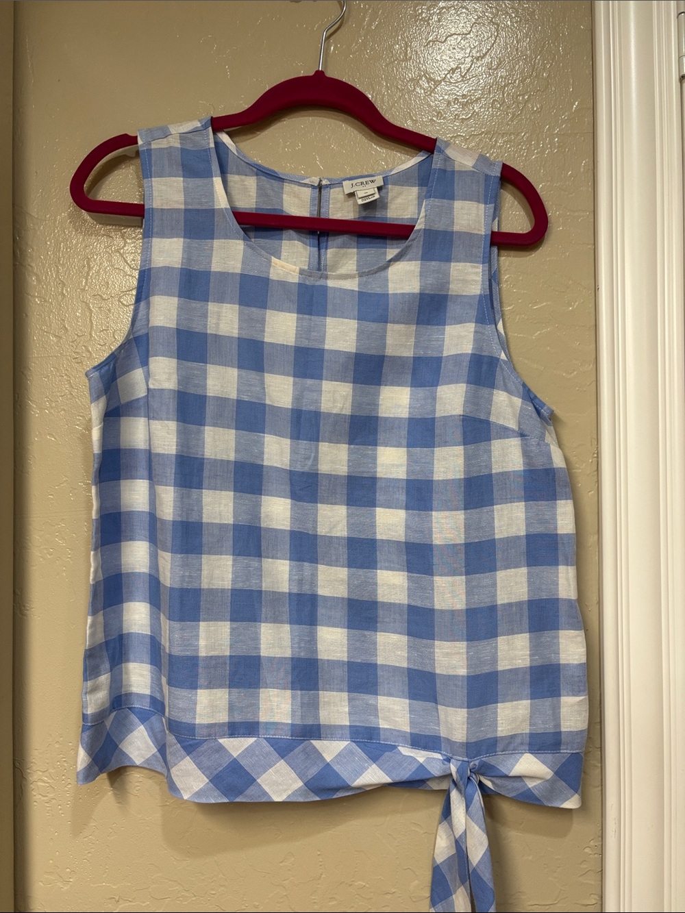 J. Crew Light Blue and White Gingham Tie-Hem Tank Linen Cotten blend